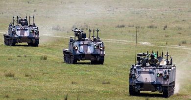 A controller vehicle is followed by two optionally crewed combat vehicles during a land autonomous systems teaming demonstration at Puckapunyal Military Area, September 2024. Photo by Corporal Michael Currie.