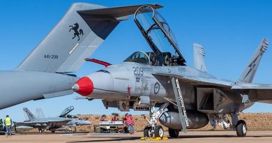 Royal Australian Air Force personnel conduct re-arming operations on an F/A-18F Super Hornet at the Forward Arming and Refuelling Point at RAAF Base Learmonth, Western Australia, during Exercise Talisman Sabre 2025. Photo by Corporal Michael Currie.