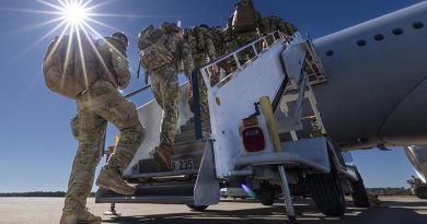 Australian Army Reserve soldiers from 41st Battalion, Royal New South Wales Regiment, board a Royal Australian Air Force KC-30 at RAAF Base Amberley in Queensland to deploy to northern Western Australia as part of Exercise Talisman Sabre 2025. Photo by Corporal Hamid Farahani.