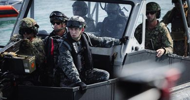Royal Australian Navy sailors prepare to board a vessel from a United States Coast Guard Transportable Port Security Boat near Larrakeyah Barracks, Northern Territory during Exercise Talisman Sabre 2025. Photo by Corporal Cameron Pegg.