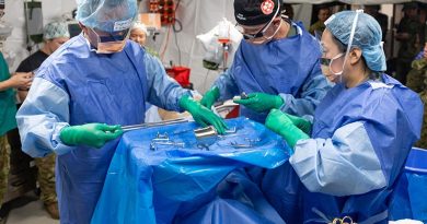 Australian Army soldiers from the 2nd Health Battalion work inside the Role 2 Echo Field Hospital in Shoalwater Bay Training Area, during exercise Talisman Sabre 2025. Photo by Captain Chris Wade.