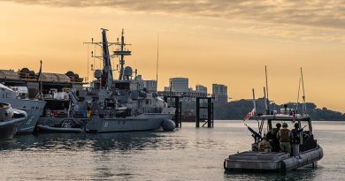 A United States Coast Guard vessel heads out on patrol from HMAS Coonawarra in Darwin during Exercise Talisman Sabre 2025. Photo by Corporal Michael Currie.