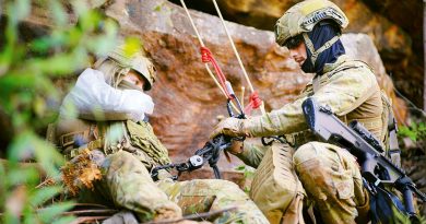 Members on the Tactical Rope Rescue Instructors’ Training Course practise a simulated casualty rescue at Holsworthy Training Area. Story by Major Peter Nugent. Photos by Corporal Robert Whitmore.