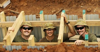 Trade apprentices, carpenter Sapper Jack Graham, electrician Aircraftman Erik Wegger and carpenter Sapper Samuel Meredith, from The School of Military Engineering, work on the underground Command Post for Exercise Talisman Sabre. Story and photos by Captain Joanne Leca.