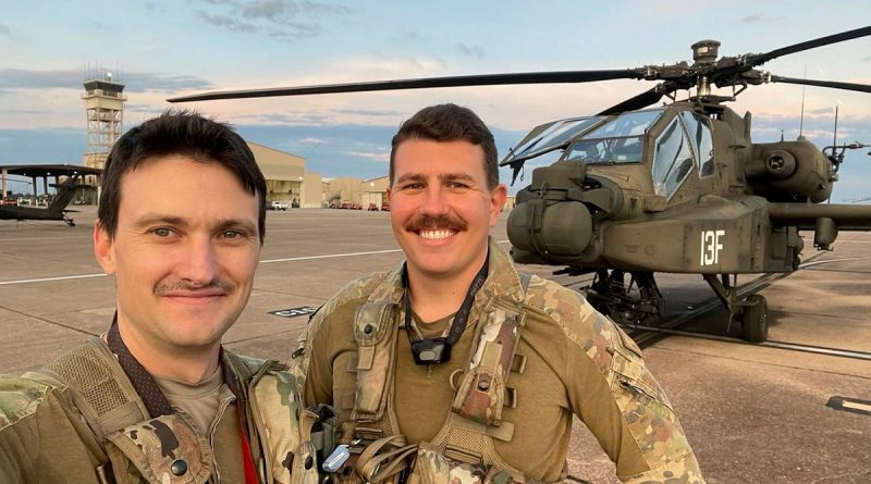 Australian Army AH-64E Apache pilots, Captain Craig Burger, left, and Captain Jonathan Hogan, at the United States Army Aviation Center of Excellence, in Alabama. Story by Captain Jonathan Hogan. Photos supplied.