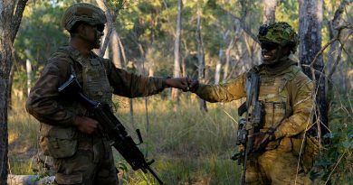 A Royal Marine from His Majesty's Armed Forces of Tonga, left, and an Australian Army soldier at Shoalwater Bay Training Area during Exercise Talisman Sabre. Photo by Captain Karam Louli.