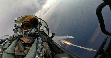 A RAAF EA-18G Growler crew fires an AIM-9X Sidewinder (Block II) missile at a BQM-74E aerial target during Exercise Archer 2025. Story by Flight Lieutenant Grace Casey-Maughan. Photo supplied.