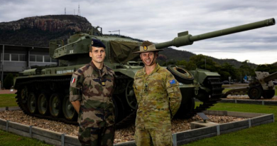 French Armed Forces officer Captain Antoine Lefeuve, left, Commander of the 2nd Company, 21st Marine Infantry Regiment, stands with Commander 3rd Brigade, Brigadier Benjamin McLennan, on completion of Exercise Talisman Sabre at Lavarack Barracks, Queensland. Story by Major Diana Jennings. Photo by Lance Corporal Caitlyn Davill.