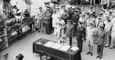 The signing of the surrender document by Allied personnel and representatives of the Japanese forces aboard the United States battleship Missouri, September 2, 1945. Story by Rosalind Turner. Photos from Australian War Memorial.