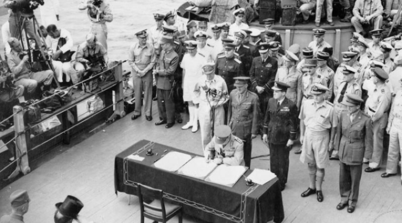 The signing of the surrender document by Allied personnel and representatives of the Japanese forces aboard the United States battleship Missouri, September 2, 1945. Story by Rosalind Turner. Photos from Australian War Memorial.