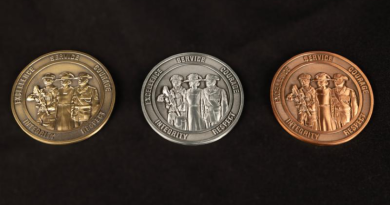 Army Service Medallions for, left to right, 20 years, 10 years, four years. Photos by Corporal Michael Rogers.