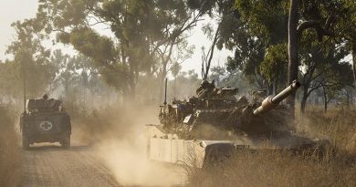 An Australian M1 Abrams main battle tank and an M113 AS4 personnel carrier from 2nd Cavalry Regiment during Exercise Brolga Sprint 24 at Townsville Field Training Area, Queensland. Photo by Trooper Dana Millington.
