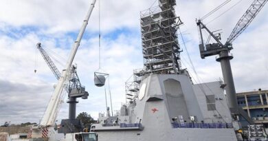 New satellite communications equipment being installed on HMAS Sydney. Photo by Leading Seaman Abdus Chowdhury.