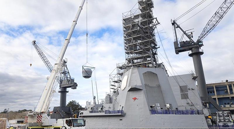New satellite communications equipment being installed on HMAS Sydney. Photo by Leading Seaman Abdus Chowdhury.