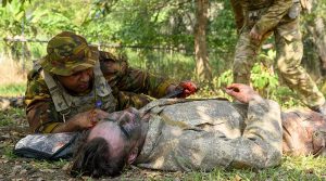 PNGDF soldiers demonstrate primary medical care with support from NZDF medics during Exercise Phoenix Kumul. NZDF photo supplied.