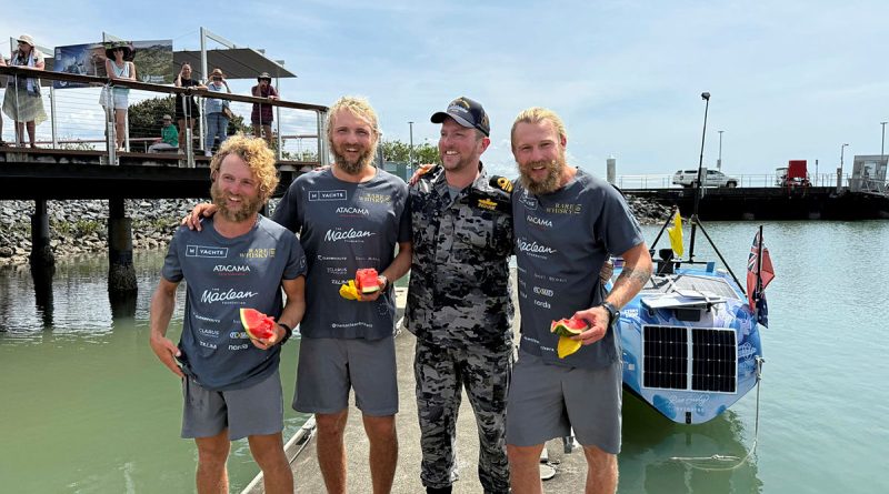 Commanding Officer ADV Cape Peron Lieutenant Commander Harrison Ingham with Maclean brothers, left to right, Ewan, Lachlan and Jamie, in Cairns, Queensland. Story and photos by Lieutenant Jessica Craig.