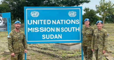 From left, Flight Lieutenant Thomas Ure, Squadron Leader Dee Irwin and Sergeant Michelle Carmona outside the United Nations Mission in South Sudan Force Headquarters in Juba, South Sudan. Story and photo by Squadron Leader Benjamin Clarke.