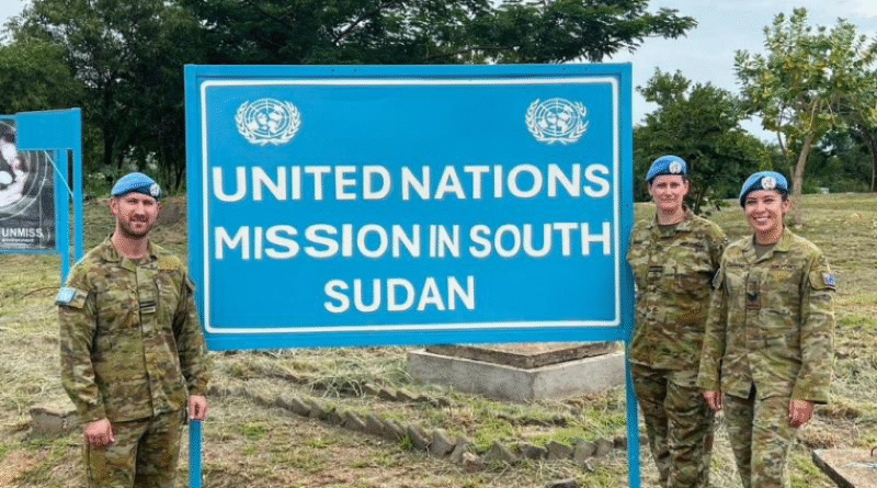 From left, Flight Lieutenant Thomas Ure, Squadron Leader Dee Irwin and Sergeant Michelle Carmona outside the United Nations Mission in South Sudan Force Headquarters in Juba, South Sudan. Story and photo by Squadron Leader Benjamin Clarke.