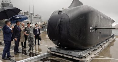 Minister for Defence Richard Marles and Minister for Defence Industry Pat Conroy at at Fleet Base East in Sydney, inspect a Ghost Shark prototype before announcing the contract with Anduril Australia to acquire a new fleet of Australian designed and built extra-large autonomous undersea vehicles – known as Ghost Sharks – for the Royal Australian Navy. ADF photo by Kym Smith.