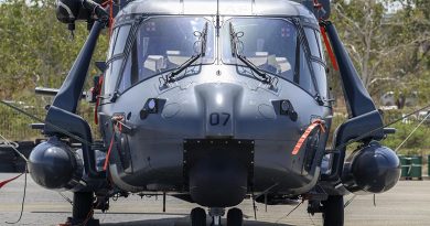 The “different silhouette” of a Royal New Zealand Air Force NH90 helicopter equipped for international flight. RNZDF photo supplied.