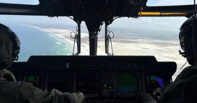 A Royal New Zealand Air Force NH90 helicopter arrives home to New Zealand after flying from Australia. NZDF photo.