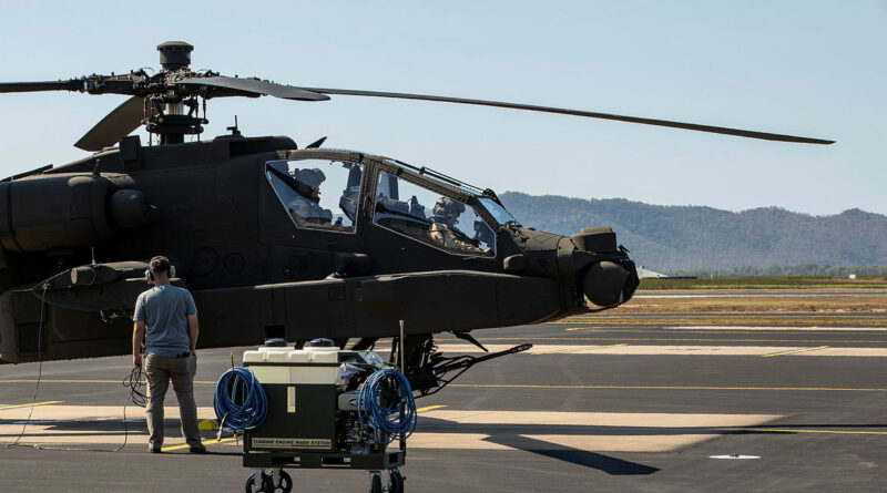 Pilots from the United States prepare to conduct a maintenance test flight of one of the Australian Army's two new AH-64E Apache helicopters in Townsville. Photo by Captain Chloe Elwood.