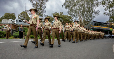 Members of the Defence Force School of Signals and the Australian Army Band Melbourne march through Montmorency, exercising their freedom of entry right granted by the City of Banyule. Story by Major Sarah Kelly. Photos by Private Hamid Farahani.