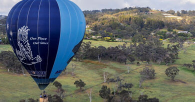 The Air Force Balloon with Mount Panorama in the background at 2025 Repco Bathurst 1000. Story by Flying Officer Belinda Barker. Photos by Sergeant Dan Pinhorn.