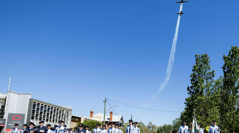 Royal Australian Air Force PC-21 and Wirraway aircraft perform a flyover during the RAAF Base Wagga Freedom of Entry parade, in Wagga Wagga, NSW. Story by Flying Officer Belinda Barker. Photo by Aircraftman Jakob Reid.