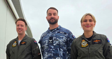 Flight Lieutenant Rhett Allen, left, Corporal Jonathan Zinger and Flight Lieutenant Georgia Crean while deployed to Poland as part of the E-7A Wedgetail contingent. Story and photos by Lieutenant Commander John A Thompson.