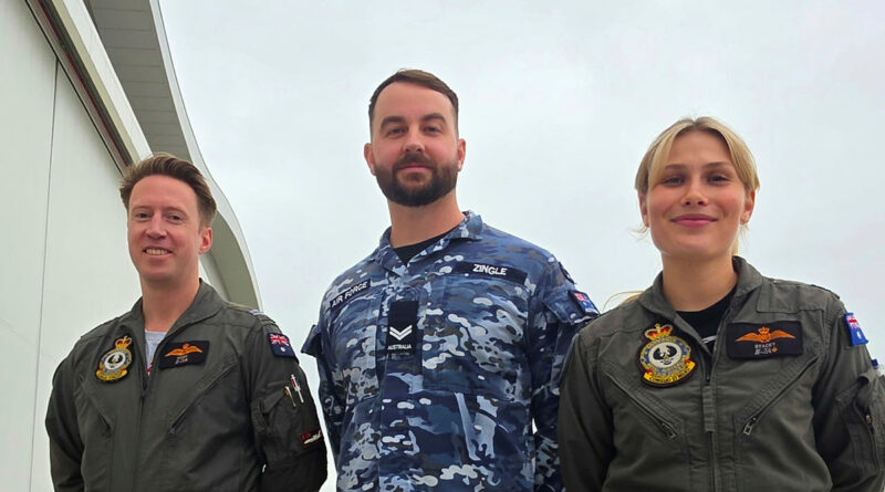 Flight Lieutenant Rhett Allen, left, Corporal Jonathan Zinger and Flight Lieutenant Georgia Crean while deployed to Poland as part of the E-7A Wedgetail contingent. Story and photos by Lieutenant Commander John A Thompson.