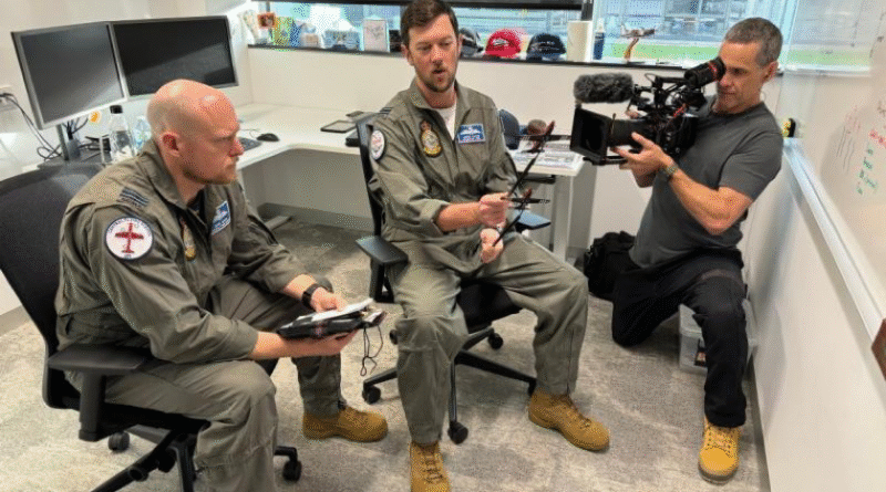Flight Lieutenant Bryce Martin, left, and Flight Lieutenant Justin Hayter, right, during filming of the documentary, Australian Roulette. Story and photos by Flight Lieutenant Greg Hinks.