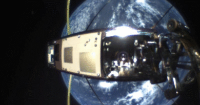 Self-image of Defence Science and Technology Group's nanosatellite, Buccaneer Main Mission, using its secondary system – the Manoeuvrable Antenna and Terrestrial Imaging System. Story by Emma Thompson.