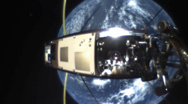 Self-image of Defence Science and Technology Group's nanosatellite, Buccaneer Main Mission, using its secondary system – the Manoeuvrable Antenna and Terrestrial Imaging System. Story by Emma Thompson.