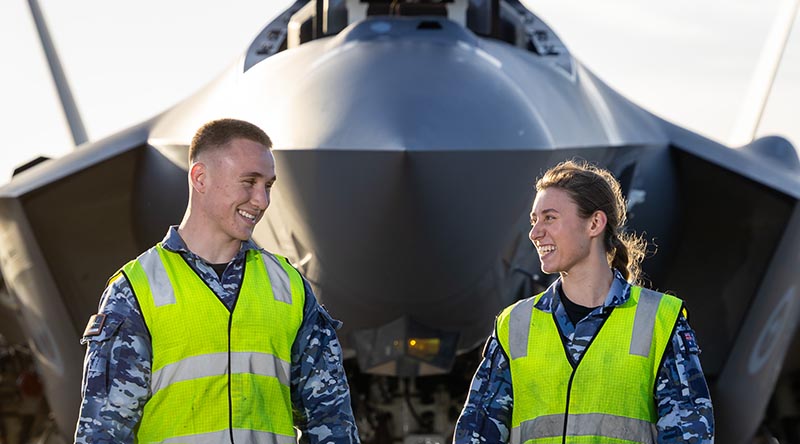 Royal Australian Air Force Avionics Technicians, Leading Aircraftwoman Rosalia Frichot and Aircraftman Izaak Mazurek during Exercise Bushido Guardian 2025, Misawa Air Base, Japan. Photo by Leading Aircraftwoman Paris Rigney.