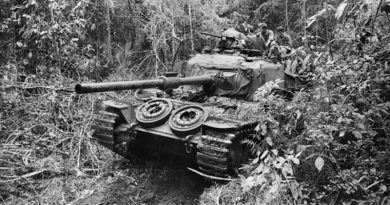 A Centurion tank of C Squadron, 1st Armoured Regiment, moving through the jungle in South Vietnam. June 1971. Australian War Memorial file FOD/71/0305/VN.