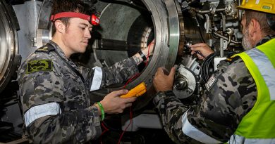 Able Seaman Jack, left, and Able Seaman Thomas Phillips conduct electrical testing on a torpedo tube on board the Virginia-class fast-attack submarine USS Vermont at HMAS Stirling in WA. Story by Lieutenant Mark Tesoriero. Photos by Leading Seaman Shaun Chatfield.