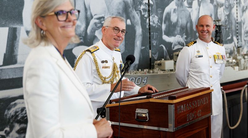 Governor-General Sam Mostyn, Rear Admiral Chris Smith and Commander Ben Weller present the Duke of Gloucester Cup to the crew of HMAS Sydney. Story by Lieutenant Nathan Smith and Lieutenant Hinako Shiraishi. Photo by Paul Berry.