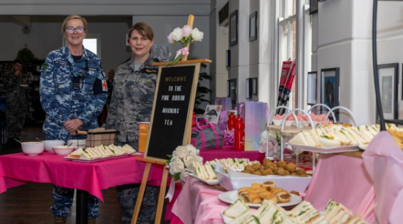 Petty Officer Belinda Rendell and Flight Lieutenant Anne-Marie Keogh host a Pink Ribbon morning tea in support of the National Breast Cancer Foundation and cancer awareness at The Navy's Anchorage Cafe in HMAS Cerberus, Victoria. Photos by Petty Officer Christopher Szumlanski.