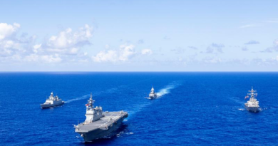 From left, the Indian Navy’s INS Sahyadri, the Japan Maritime Self-Defense Force’s JS Hyuga, the Royal Australian Navy’s HMAS Ballarat and the United States Navy’s USS Fitzgerald sail in company off the coast of Guam during Exercise Malabar. Story by Sub-Lieutenant Jake Badior. Photo by Leading Seaman Connor Morrison.
