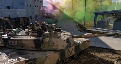 An Australian Army M1A2 SEPv3 Abrams main battle tank provides support for soldiers during an urban assault at Shoalwater Bay Training Area as part of Exercise Talisman Sabre 25. Photo by Corporal Michael Rogers.