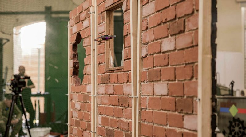 An uncrewed aerial system navigates the urban-style challenge course during the Rise of the Drones finals at Victoria Barracks in Sydney. Story by Captain Andrew Lee. Photo by Private C.