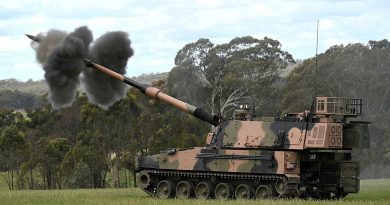 Army’s new AS9 Huntsman self-propelled howitzer fires during training at Puckapunyal, Victoria. Photos by Belinda Dinami.
