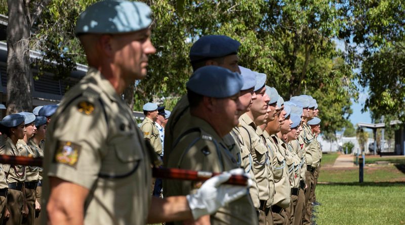 Army soldiers and officers from the 1st Aviation Regiment stand on parade in Gaza Lines at Robertson Barracks, NT. Story and photos by Captain Chloe Ellwood.