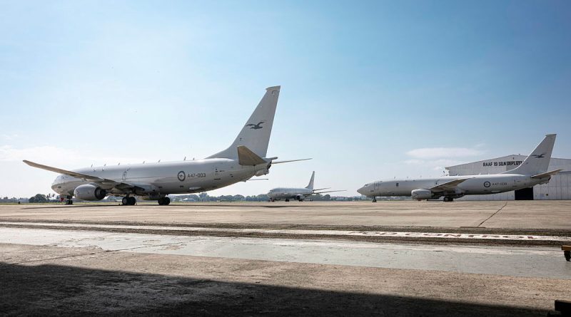 Three Royal Australian Air Force P-8A Poseidon aircraft, the largest contingent to date, on the apron at Royal Malaysian Air Force Base Butterworth during Operation Gateway. Story by Flight Lieutenant Brent Moloney. Photos by Corporal Andrew Shaw.