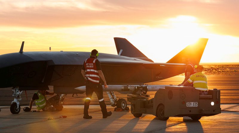 n MQ-28A Ghost Bat is loaded with a NAIM-120 inert air-to-air missile variant at the ordnance loading area during Trial Kareela at RAAF Base Woomera, South Australia. Story by Squadron Leader Chris Moon. Photos by Aircraftman Ivan Smotrov.