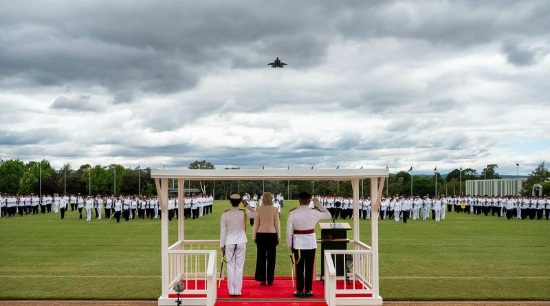 Royal Australian Air Force F-35A conducts a flypast at the 2025 ADFA Graduation Parade. Story by Hannah Donald.Photo by Thomas Lucraft.