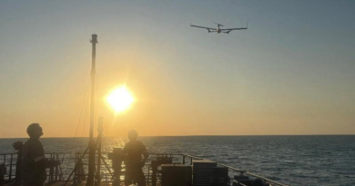 An Edge 130 drone lifts off from HMAS Cape Pillar’s forecastle.