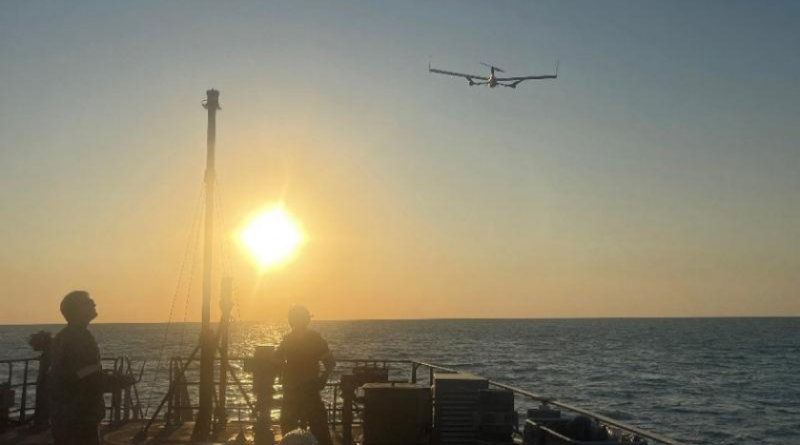 An Edge 130 drone lifts off from HMAS Cape Pillar’s forecastle.