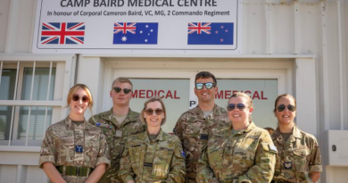 Medical personnel from the ADF, British Armed Forces and New Zealand Defence Force outside the refurbished medical facility at Camp Baird, United Arab Emirates. Story by Captain Karam Louli. Photos by Leading Seaman Kylie Jagiello.